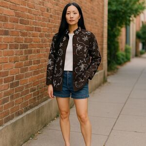 Casual Studio Brown Embroidered Mandarin Collar Blazer Jacket
